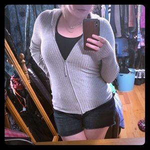 Small stretchy ribbed silver double zipper sweater